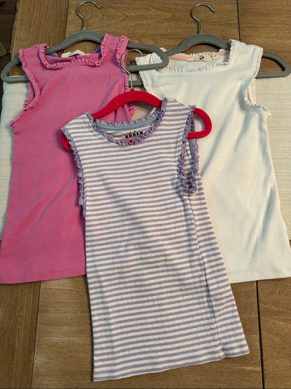 Mini Boden Pink, White & Lavender Girls' Lace Trimmed Ribbed Tank Trio